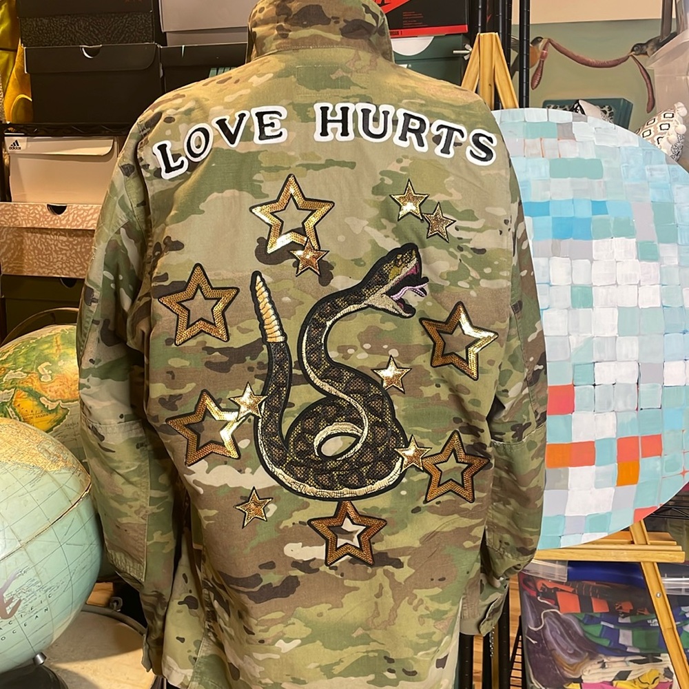 Reimagined Camouflage Jacket, “Love Hurts”